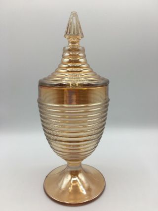 Vintage Marigold Ribbed Carnival Glass Pedestal Covered Candy Dish