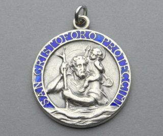 Antique Religious Large Silver Pendant.  Saint Christopher & Jesus.  Enamel Medal.