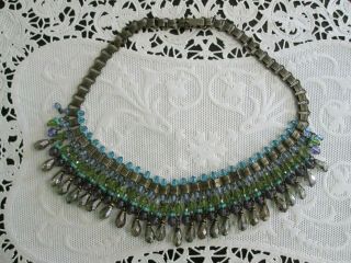 Vintage Glass Bead And Metal Choker Necklace Aqua Blue Green Purple Iridescent