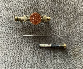 Antique Victorian Goldstone Nanny Brooch Secret Sewing Needle Holder Brooch