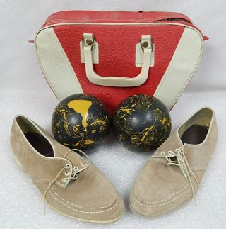 Vintage 1960s Manhattan Duckpin Bowling Balls Marble Swirl W Bag 8.  5 Mens Shoes