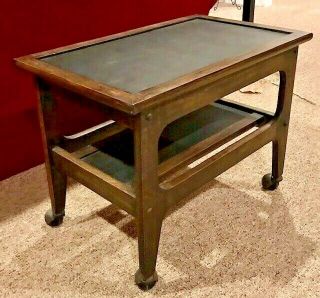 Vintage Mid Century Modern Walnut Two Tier Rolling Wood Bar Cart Stereo Tv Stand