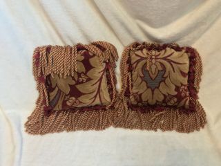 Set Of 2 Vintage Velvet Damask Pillows,  Red Beige Gold,  9”,  4.  5” Bullion Fringe