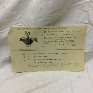 Vtg 1913 Bill Letter Head Westboro Ma.  Lice & Fly Destoyer Geo.  W Lewis & Son Dr