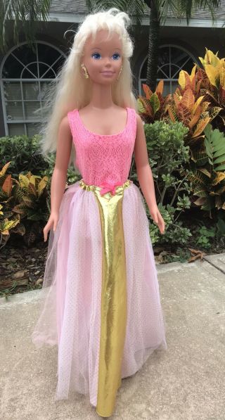 1992 Mattel My Size Barbie Doll 38 " Over 3 Feet Pink & Gold Skirt Blonde Hair