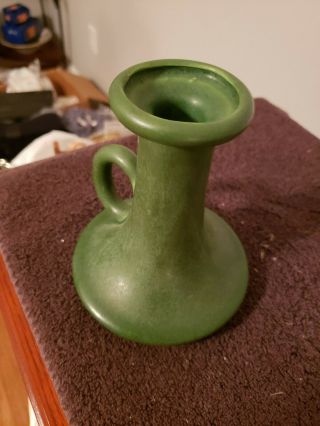 Antique Hampshire Pottery Handled Candlestick Candle Holder Green Chamberstick