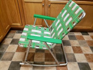 Vintage Aluminum Rocking Chair Webbed Rocker Green White Color Scheme