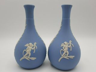 Set 2 Vintage Wedgwood Blue Jasperware Seasons Cupid Cherub Bud Vases