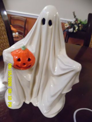 Vintage Ceramic Light Up Ghost W/pumpkin Halloween Decor Lighted Cord