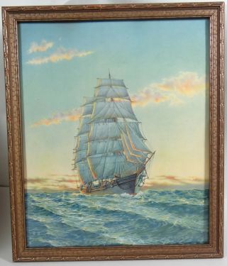 Antique Vtg Nautical Ship Boat Framed Art Print Homeward Bound Maritime Clipper