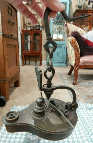 Vintage Iron Hand Forged Betty Lamp W Hanging Hook,  Wick Pick & Wick