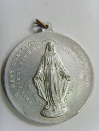 Antique Catholic Silver Tone Queen Of The Holy Rosary Pray For Us Pendnt 49494
