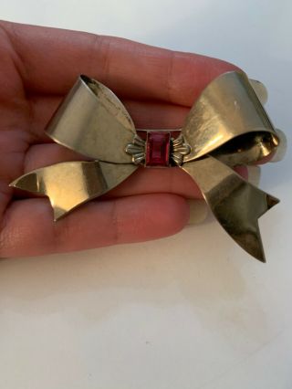 Vintage Large Art Deco Sterling Silver Pink Topaz Ribbon Bow Brooch Pin 925
