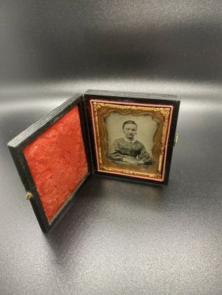 Antique Ambrotype 1/9 Plate Young Woman In Dress Seated In Red Velvet Case