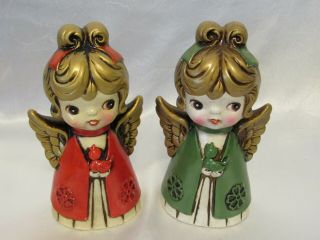2 Vintage Holt Howard Christmas Angels Chalkware Red Green Gowns W Bird