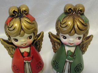 2 Vintage Holt Howard Christmas Angels Chalkware Red Green Gowns w Bird 2