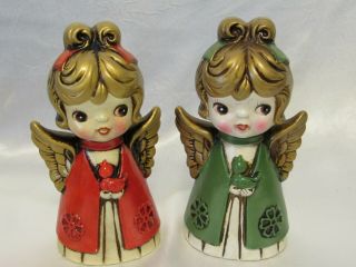 2 Vintage Holt Howard Christmas Angels Chalkware Red Green Gowns w Bird 3