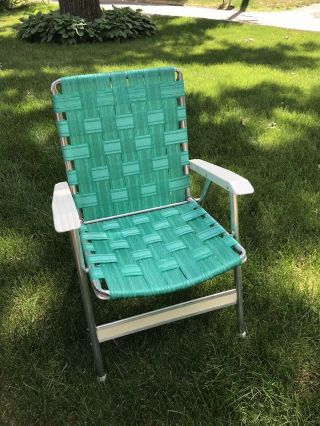 Vintage Aluminum Webbed Folding Lawn Chair Camping Paneled Front Aqua