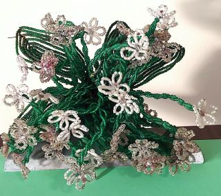 Vintage French Beaded Flowers Bouquet - - 40 White Pink Flowers & Green Leaves