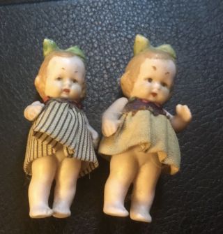 Twin Darling 2” Antique All Bisque German Dollhouse Baby Girls 2