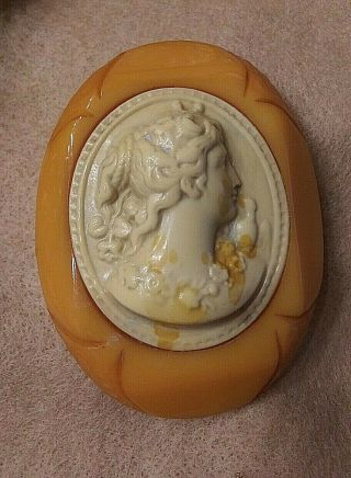 Vintage Butterscotch Carved Bakelite Celluloid Fancy Cameo Lady Brooch