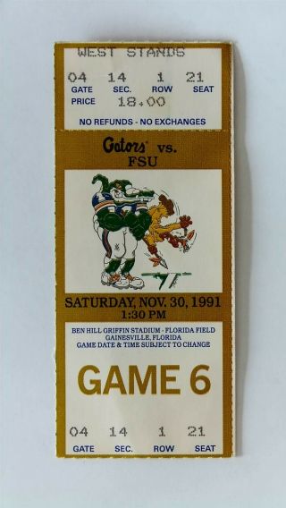 1991 Florida Gators Florida State University 11/30 Ticket St1y