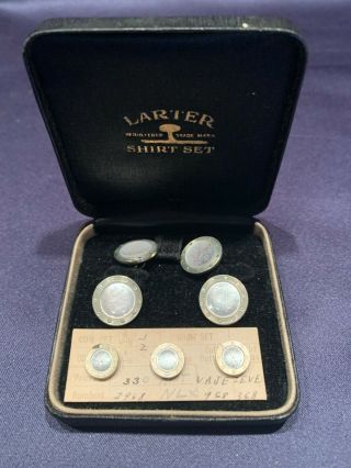 Antique Larter Rolled Gold Plate Carved Mother Of Pearl Shirt Set Cuff Links But