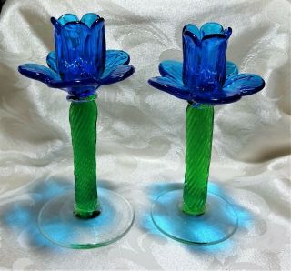 Vintage Mcm Art Glass Cobalt Blue Emerald Green Flower Swirl Candle Holders Euc