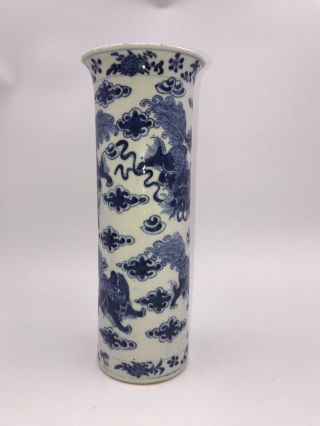 large antique Chinese porcelain blue&white sleeve vase Kangxi revival 19th c 2 3