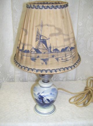 Antique Blue And White Delft Lamp With Lamp Shade Scenic Windmill