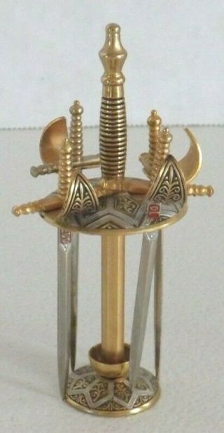 4 Vintage Gold Gilt Toledo Steel Miniature Sword Picks W Enamel Details Holder