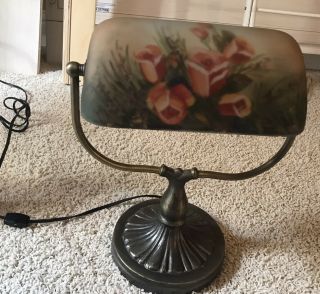 Vintage Handel Style Reverse Painted Floral Bankers Lamp