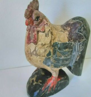 Vintage Folk Art Primitive Painted Chicken Rooster Wood Carved Figure 10 "