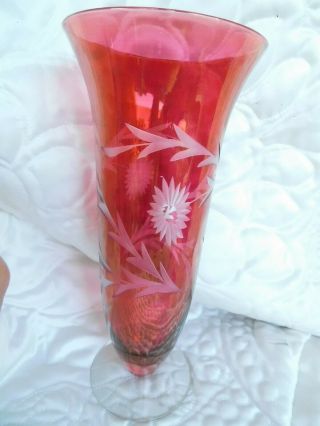 Vintage Cranberry Depression Glass Vase Etched Flower Design Clear Pedestal