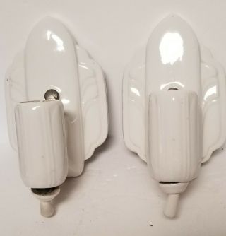 Vintage Pair White Porcelain Art Deco Wall Light Fixture Sconce,  Needs Rewired