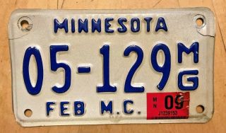 Minnesota 2009 Motorcycle Cycle License Plate " 05 129 Mg " Mn