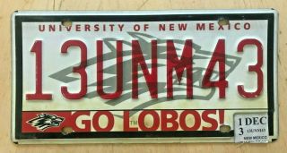 University Of Mexico Lobo College License Plate " 13 Unm 43 " Nm Go Lobos