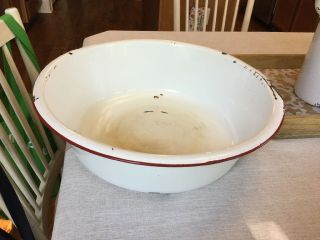 Vintage White Enamel Porcelain Wash Bowl (trim In Red) Width Is 16 1/2 Inches