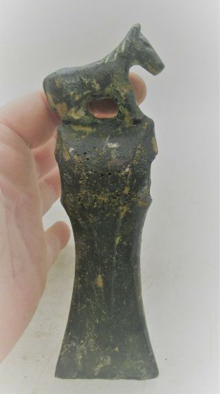 Scarce Ancient Roman Bronze Axe Head With Horse Terminal Circa 100 Bce