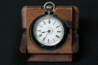 Antique Carved Wooden Pocket Watch Stand Holder And Silver Pocket Watch