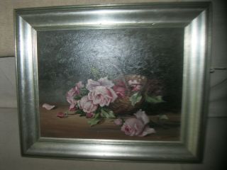Vintage Pink Roses In Basket Oil Painting Lovely