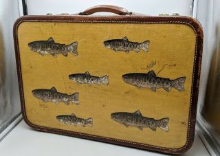 Wheary Vintage Antique Tweed Suitcase Luggage Leather Trim All - Over Fish Design