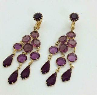 Vintage Bezel Set Open Back Purple Crystal Dangle Gold Tone Clip Earrings