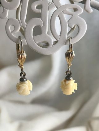 Antique Ges Gesch Germany 14k Yellow Gold Carved Ivory Drop Pierced Earrings