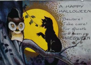 Vintage Halloween Postcard Whitney Black Cat & Owl By Moonlight Antique