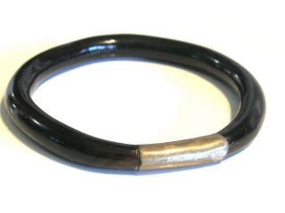Antique Chinese Export Ebony Black Lacquered Wood Bangle Bracelet W Silver Panel