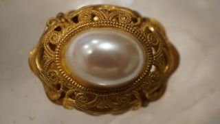 Vintage Miriam Haskell Signed Gold Tone Ornate Faux Pearl Cabochon Brooch