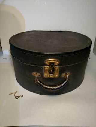 Antique Early,  Eagle Lock,  Black Train Case Hat Box,  With Key - Vintage Suitcase