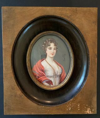 Framed Antique French Portrait Miniature Painting Of Lady Hamilton/signed