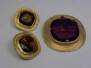 Vintage Signed Accessocraft Nyc Goldtone & Purple Rhinestone Brooch/earrings Set